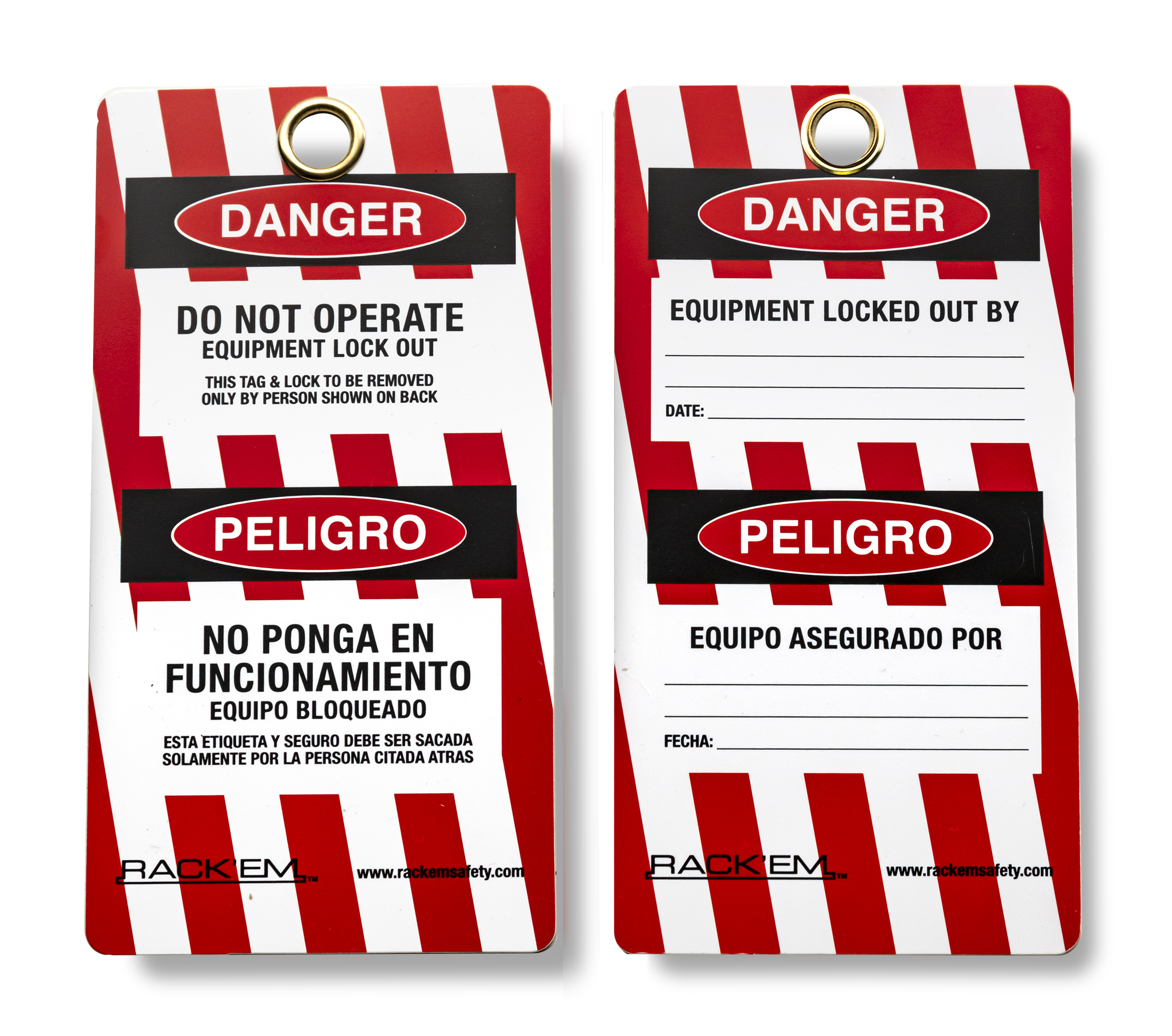 100 pk. English/Spanish Lock Out Tag - "Danger - Do Not Operate" Plastic w/Grommet, 5.75" x 3"  Packaged: 10pcs/bag, 100 pcs/box SKU# 5710-100